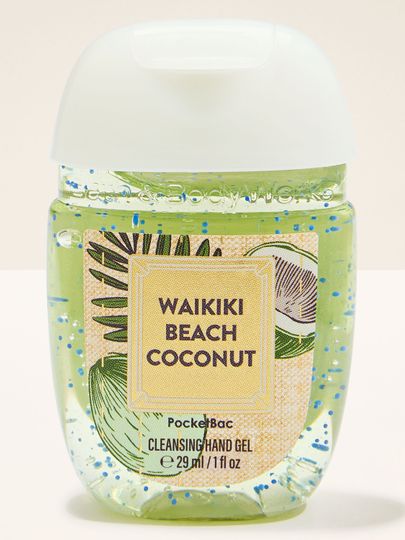 PocketBac Waikiki Beach Coconut – gel na ruce v zeleném obalu s bílým víčkem a etiketou s kokosovým motivem.