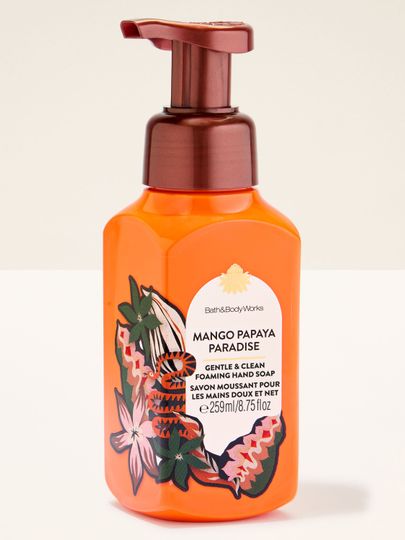 Mango Papaya Paradise – pěnové mýdlo v oranžovém obalu s tropickou etiketou s mangem a papájou, letní a svěží.