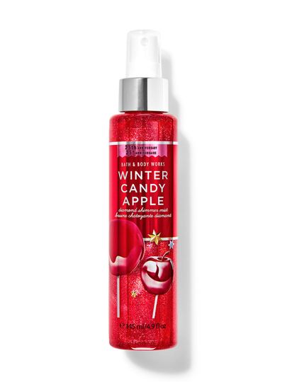 Rozświetlająca mgiełka zapachowa Winter Candy Apple w brokatowej butelce z motywem słodkiego jabłka. Bath&Body Works.