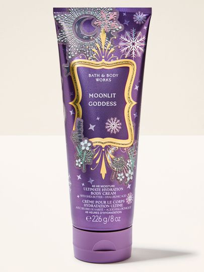 Tělový krém Moonlit Goddess Bath & Body Works s motivem měsíce, hvězd a sněhových vloček