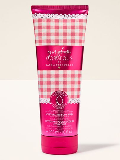 Krémový sprchový gel Bath & Body Works Gingham Gorgeous 295 ml v růžové tubě s gingham vzorem.
