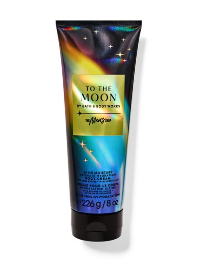 Czarny krem do ciała dla mężczyzn z holograficznym motywem kosmosu i napisem "To the Moon". Bath & Body Works.