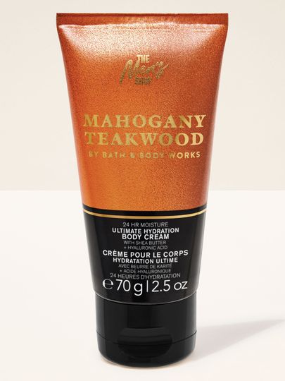 Tělový krém Mahogany Teakwood Bath & Body Works v hnědé tubě s černým víčkem