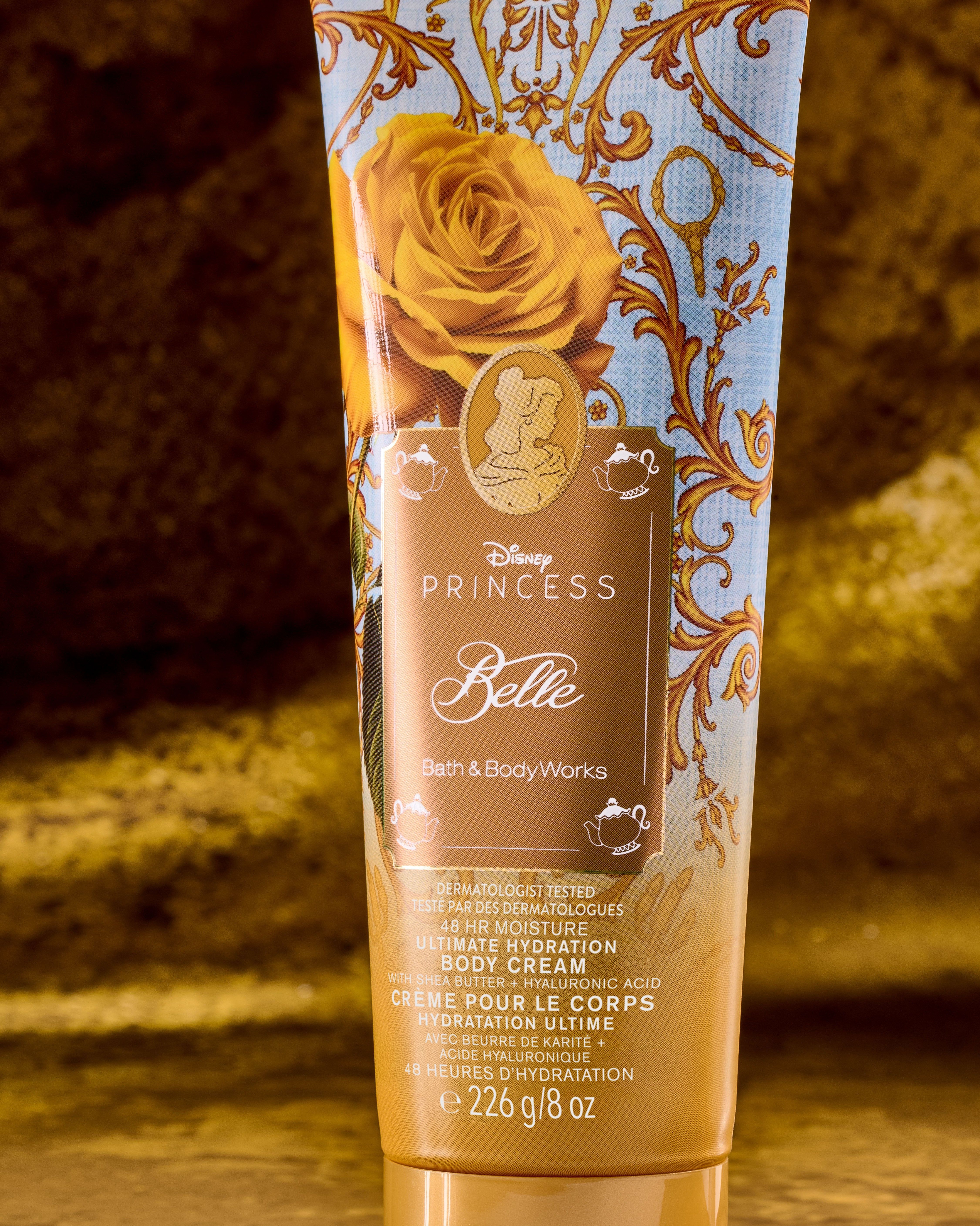 Tělový krém Belle Disney Princess – zlatomodrý design a intenzivní 48h hydratace.