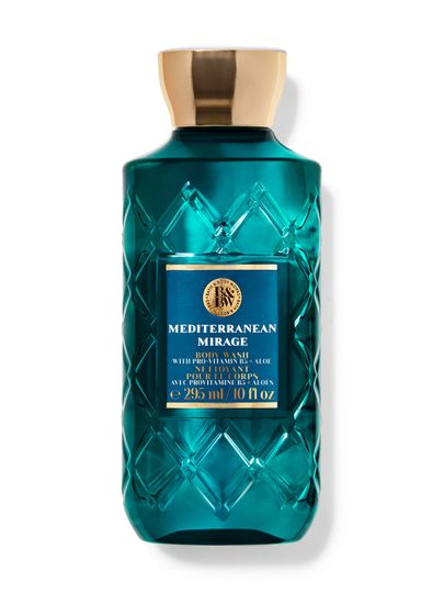 Tyrkysový sprchový gel Bath & Body Works Mediterranean Mirage (295 ml) v texturované lahvi se zlatým uzávěrem.