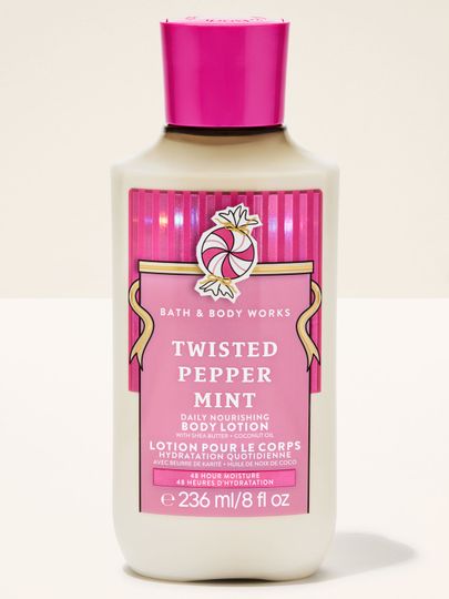 Tělové mléko Twisted Peppermint Bath & Body Works s motivem mátového bonbonu a zlaté mašle