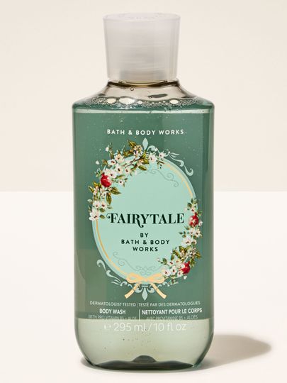 Sprchový gel Fairytale od Bath & Body Works v zelené lahvičce s flip víčkem a květinovou etiketou.