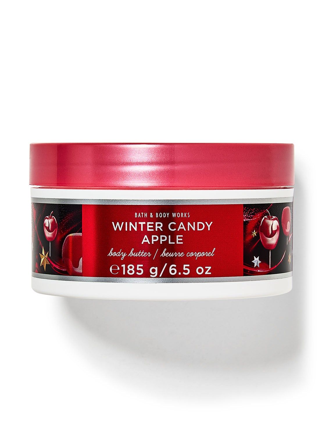 Słoiczek z masłem do ciała "Winter Candy Apple" z czerwoną nakrętką i świątecznym motywem jabłek. Bath & Body Works.