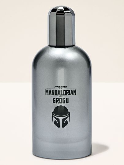 Kolínská voda Mandalorian & Grogu v metalické stříbrné lahvi se šroubovacím víčkem