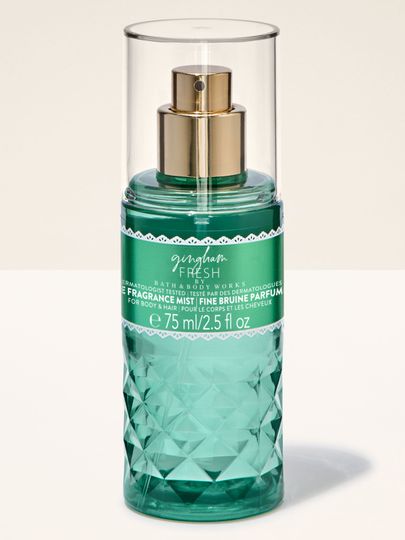 Vonná mlha Bath & Body Works Gingham Fresh 75 ml v zeleném flakonu s rozprašovačem (mini).