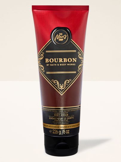 Bath & Body Works Bourbon – tělový krém pro muže v tubě v černo‑bordových tónech s dekorativním štítkem.