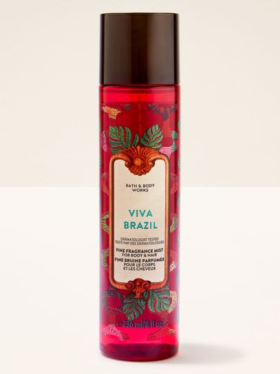 Vonná mlha Viva Brazil od Bath & Body Works v červené lahvičce s rozprašovačem a exotickou dekorativní grafikou.