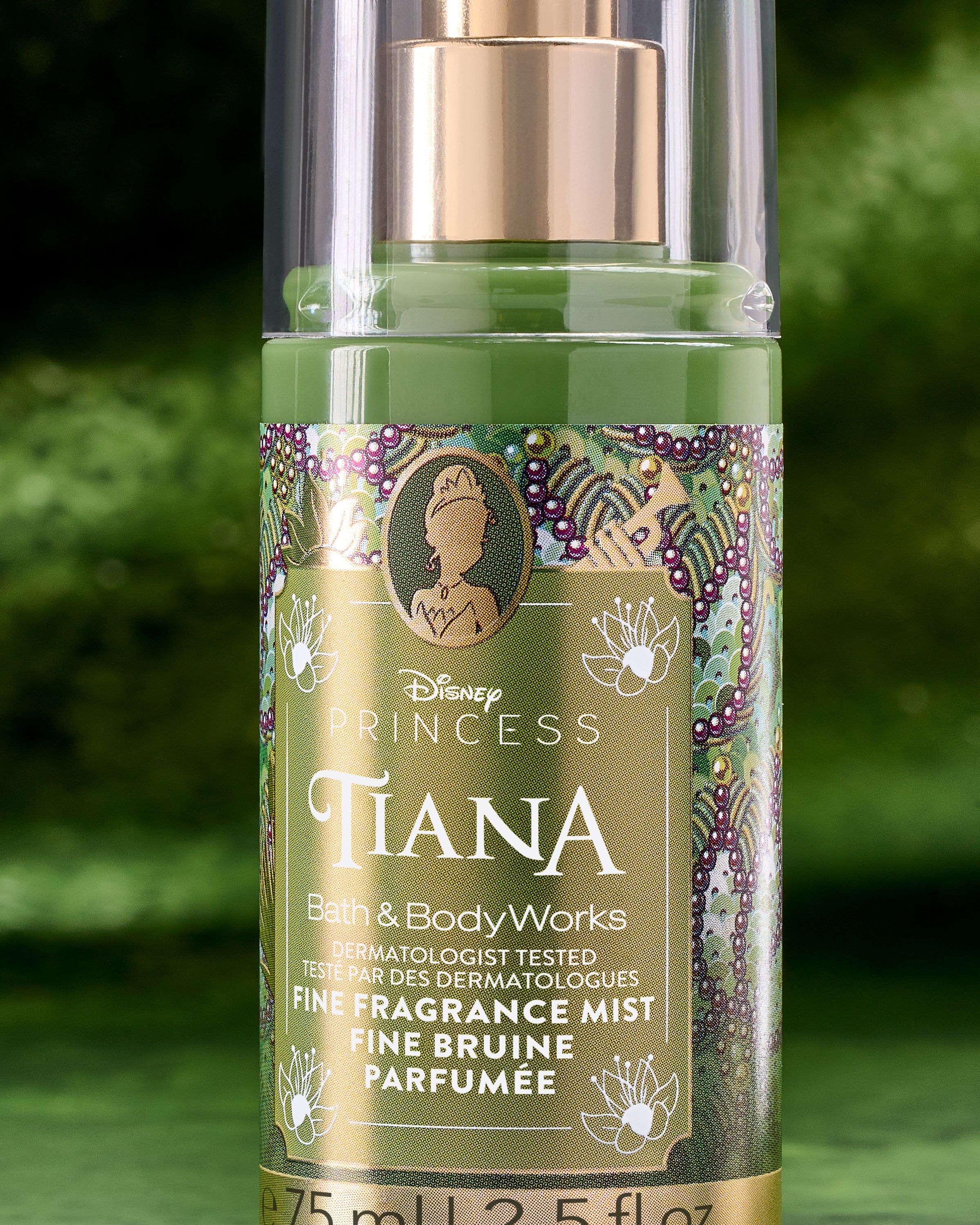 Mini voňavá mlha Tiana z kolekce Disney Princess od Bath & Body Works v zeleném lesklém flakonu.