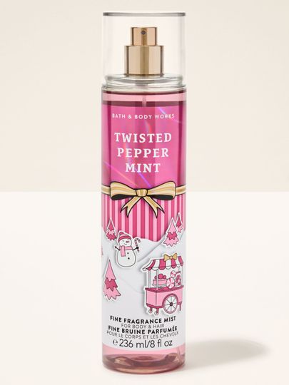 Tělová parfémová mlha Twisted Peppermint Bath & Body Works se zimním motivem sněhuláka a cukrových hůlek