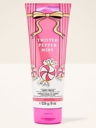 Tělový krém Twisted Peppermint Bath & Body Works s motivem mátových bonbonů a zlaté mašle