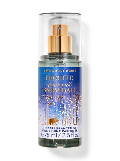 Mgiełka zapachowa Frosted Coconut Snowball w wersji podróżnej, z zimowym wzorem z niedźwiedziem. Bath&Body Works.