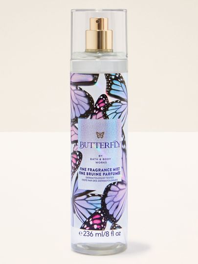 Vonná mlha Bath & Body Works Butterfly v průhledné lahvi s motivem motýlů