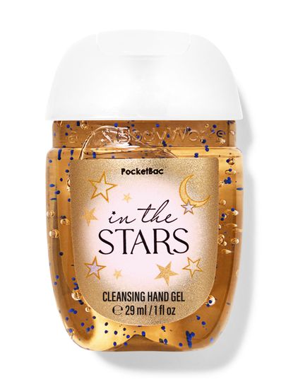 Čisticí gel na ruce PocketBac "In the Stars" v lahvičce s třpytkami a hvězdami Bath & Body Works.