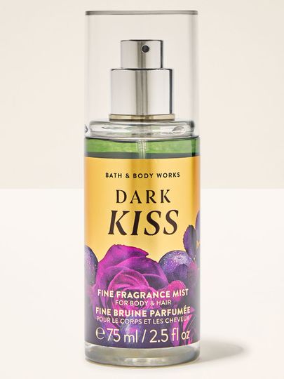 Mini vůně Dark Kiss ve zlatofialové lahvičce s motivem růží.