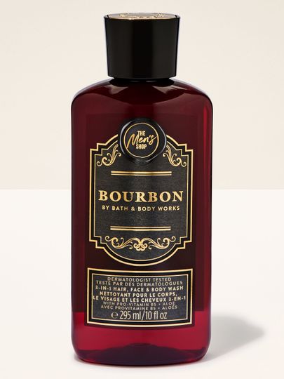 Bath & Body Works Bourbon – sprchový gel 3‑v‑1 na vlasy, obličej a tělo v tmavém flakonu s dekorativním štítkem.