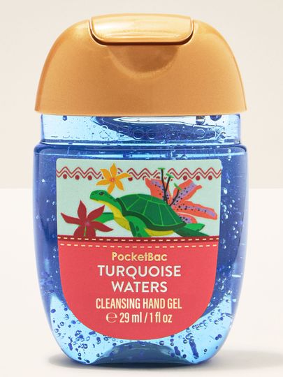 PocketBac Turquoise Waters – gel na ruce v modrém obalu se zlatým víčkem a etiketou s motivem želvy.