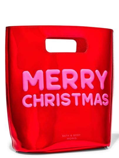 Czerwona, błyszcząca torba na prezenty z różowym, wypukłym napisem „Merry Christmas”, Bath & Body Works.