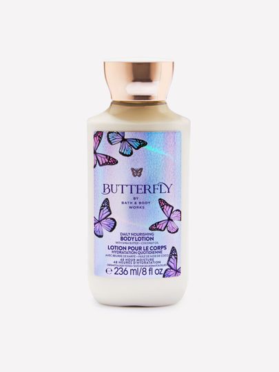 Tělové mléko Butterfly Bath & Body Works ve světlé lahvi s holografickým štítkem a motivem motýlů