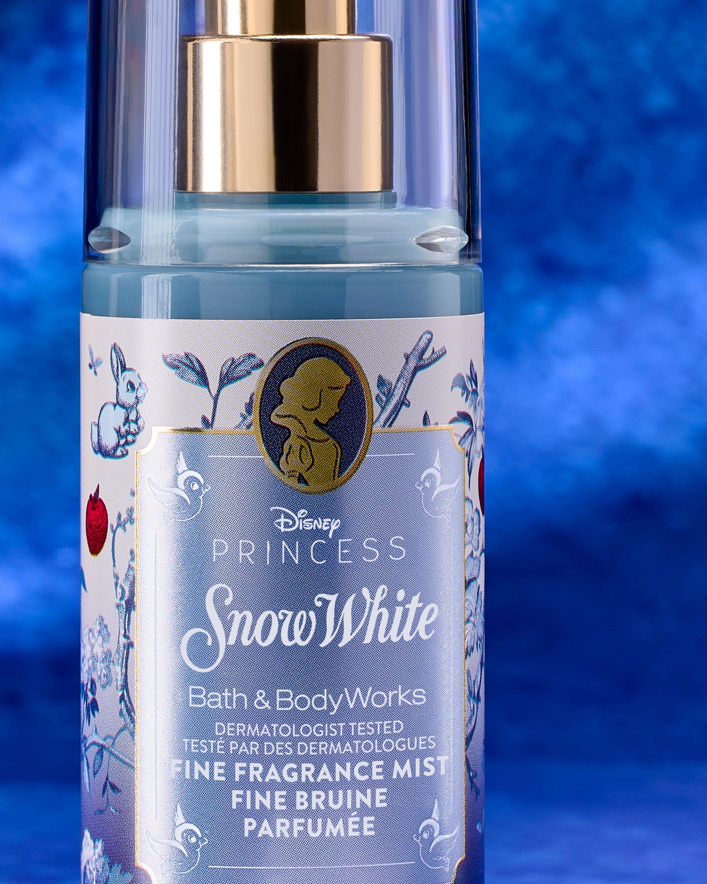 Mini voňavá mlha Snow White z kolekce Disney Princess od Bath & Body Works v modrém lesklém flakonu.