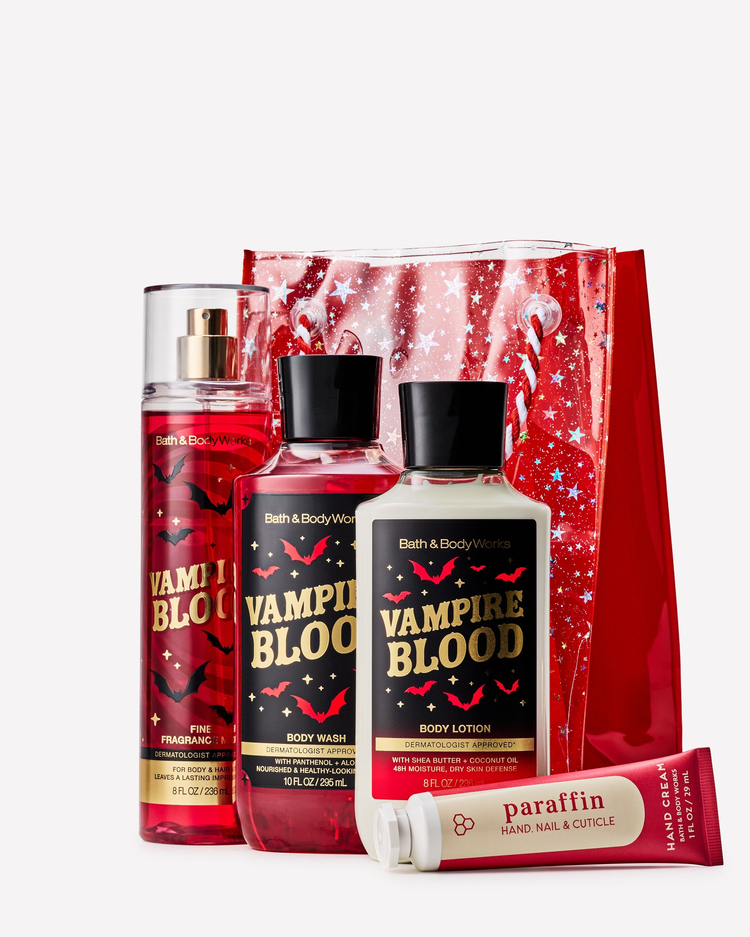 Dárková sada Vampire Blood Bath & Body Works v červené kosmetické taštičce s třpytivými hvězdami