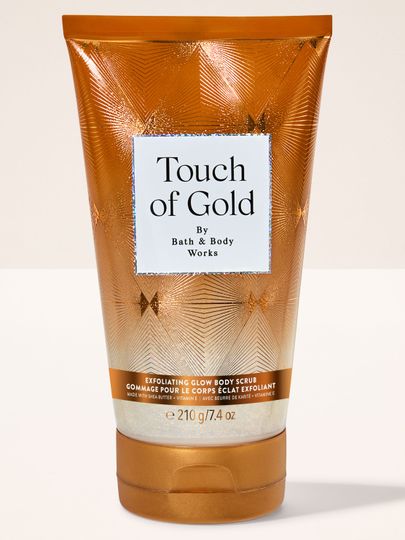 Touch of Gold – tělový peeling Bath & Body Works ve zlaté tubě s třpytivým vzorem z kolekce Touch of Gold