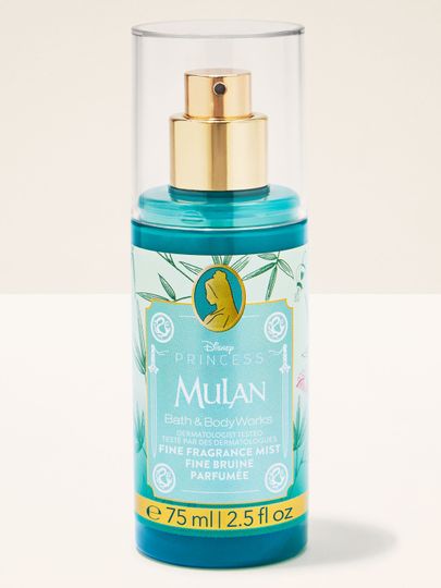 Mini voňavá mlha Mulan z kolekce Disney Princess od Bath & Body Works v tyrkysovém lesklém flakonu.