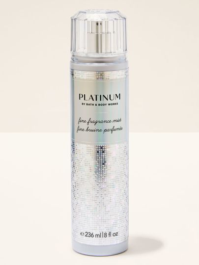 Mgiełka zapachowa "Platinum" w błyszczącym, srebrnym opakowaniu z holograficznymi cekinami. Bath & Body Works.
