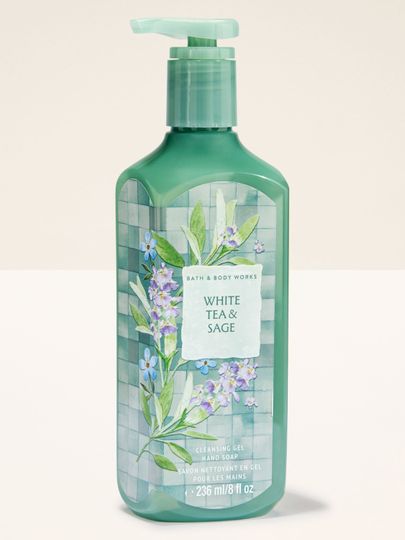 Gel na mytí rukou Bath & Body Works White Tea & Sage 236 ml v zelené lahvi s rostlinným motivem.