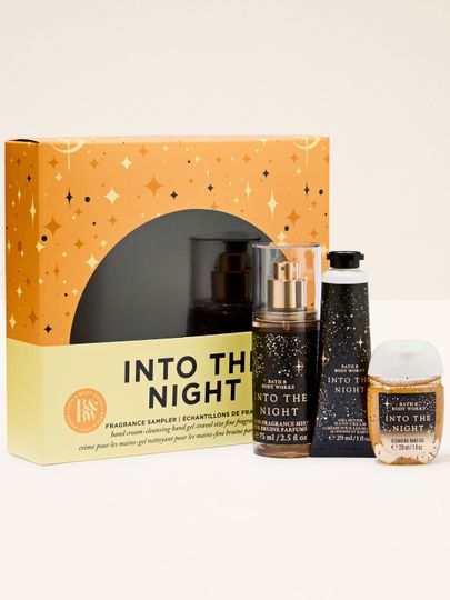 Set Into the Night od Bath & Body Works v černo‑zlatém balení – sprej, krém a dezinfekční gel.